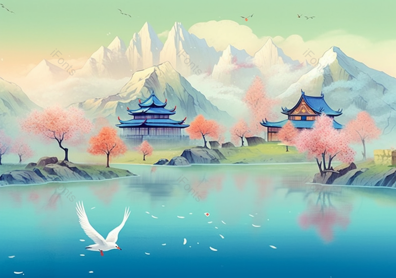 国风彩色青山绿水间的亭台楼阁插画,插画/手绘图,插画/手绘图库,插画/手绘图下载,插画/手绘